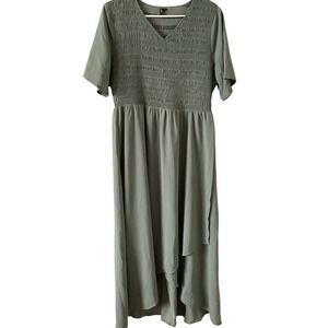 Zattcas Sage Green Smocked Midi Maxi Dress XL Short Sleeve High Low Hem High